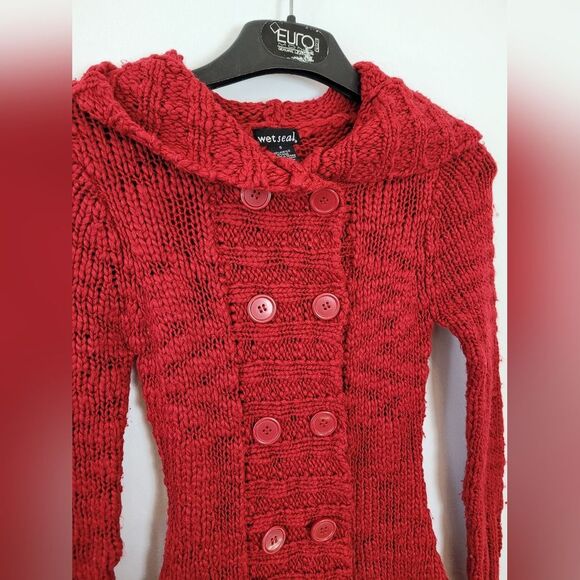 Vintage Y2K Wet Seal Wool Blend Cardigan Hooded Red Chunky Knit Buttons Small - Picture 6 of 10